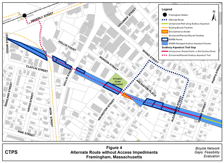 Figure 4 – Map illustrating an alternate route for the Sudbury Aqueduct Trail that would travel along Irving Street for a block to circumvent the access impediments presented by the Sudbury Aqueduct abutter whose driveway is encroaching on the aqueduct ROW without an MWRA permit. Figure 4 – Map illustrating an alternate route for the Sudbury Aqueduct Trail that would travel along Irving Street for a block to circumvent the access impediments presented by the Sudbury Aqueduct abutter whose driveway is encroaching on the aqueduct ROW without an MWRA permit.Figure 4 – Map illustrating an alternate route for the Sudbury Aqueduct Trail that would travel along Irving Street for a block to circumvent the access impediments presented by the Sudbury Aqueduct abutter whose driveway is encroaching on the aqueduct ROW without an MWRA permit.